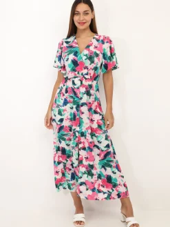 Clearance La Modeuse Robe fendue à imprimé fleurs aquarelles Vert/Rose