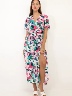 Clearance La Modeuse Robe fendue à imprimé fleurs aquarelles Vert/Rose
