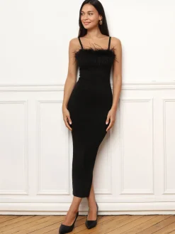 Discount La Modeuse Robe fendue à plumes Noir