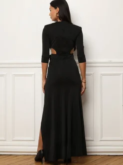Clearance La Modeuse Robe fendue cut-out à fleur 3D Noir