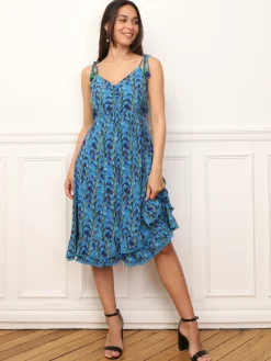 Discount La Modeuse Robe fleurie à volants et bretelles à nouer BleuMarine