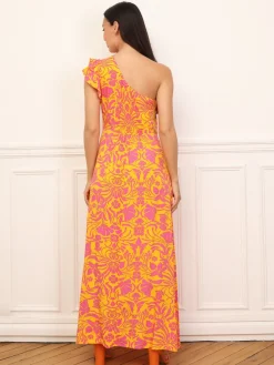Sale La Modeuse Robe fleurie asymétrique à volants Orange