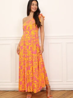 Sale La Modeuse Robe fleurie asymétrique à volants Orange