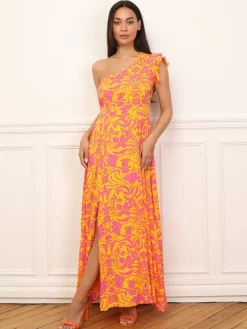 Sale La Modeuse Robe fleurie asymétrique à volants Orange