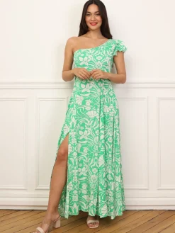 Online La Modeuse Robe fleurie asymétrique à volants Vert