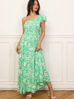Online La Modeuse Robe fleurie asymétrique à volants Vert