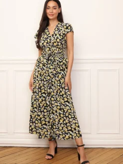 New La Modeuse Robe florale à effet corset et volants Noir
