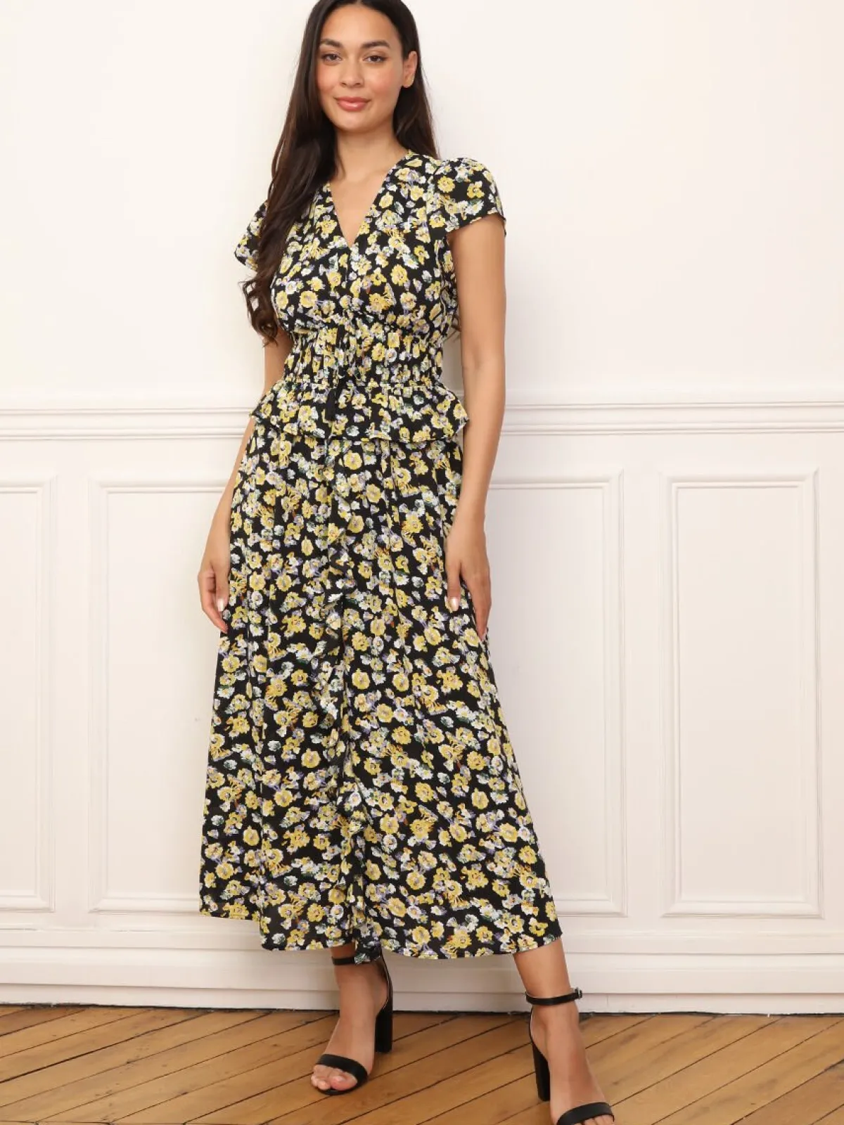 New La Modeuse Robe florale à effet corset et volants Noir