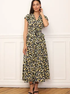 New La Modeuse Robe florale à effet corset et volants Noir
