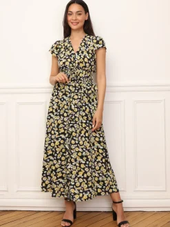 New La Modeuse Robe florale à effet corset et volants Noir
