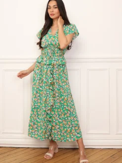 Best La Modeuse Robe florale à effet corset et volants Vert