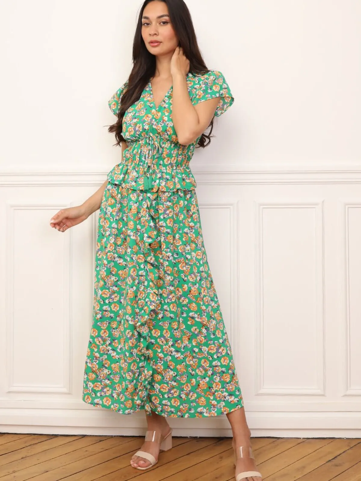 Best La Modeuse Robe florale à effet corset et volants Vert