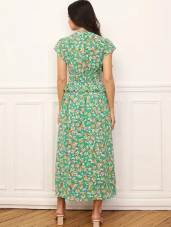 Best La Modeuse Robe florale à effet corset et volants Vert