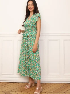 Best La Modeuse Robe florale à effet corset et volants Vert
