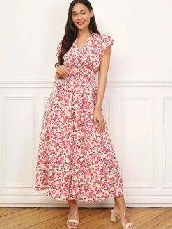 Hot La Modeuse Robe florale à effet corset et volants Beige