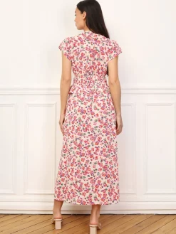 Hot La Modeuse Robe florale à effet corset et volants Beige
