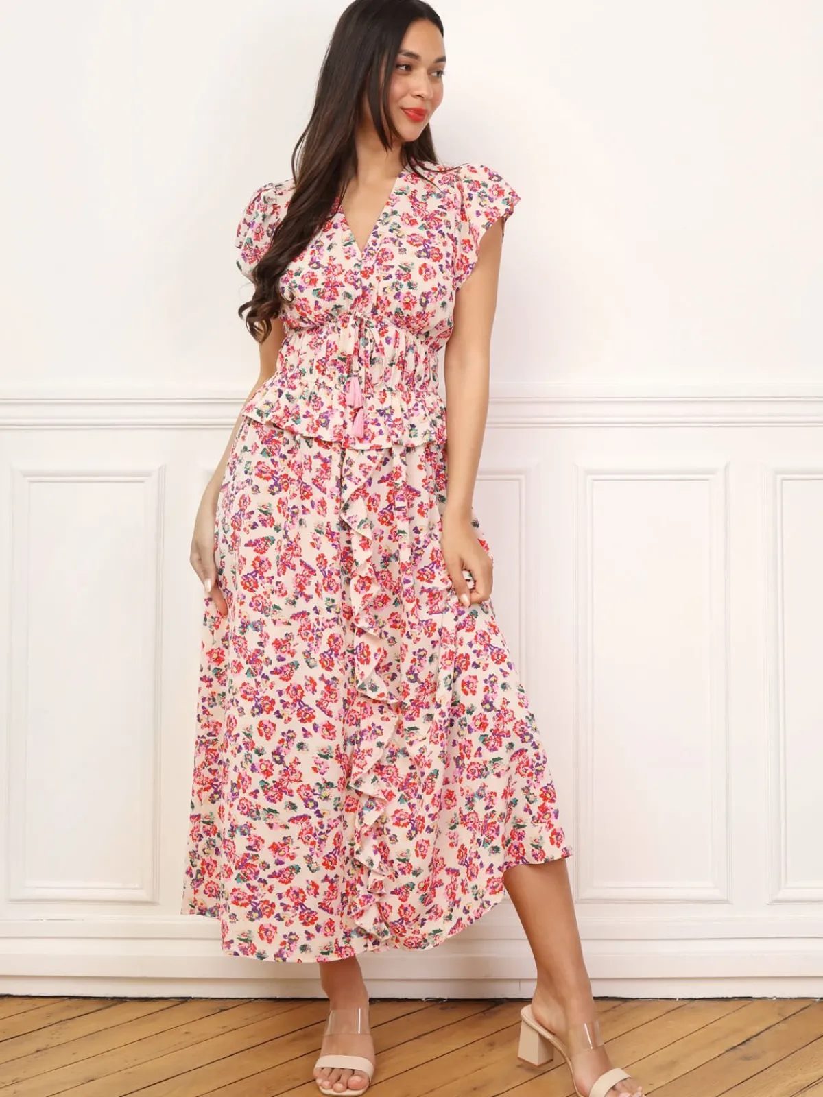 Hot La Modeuse Robe florale à effet corset et volants Beige