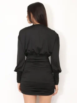 Sale La Modeuse Robe froncée à manches ballons Noir