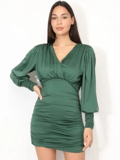 Online La Modeuse Robe froncée à manches ballons Vertfoncé