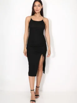 Discount La Modeuse Robe froncée avec bretelles à détails dorés Noir
