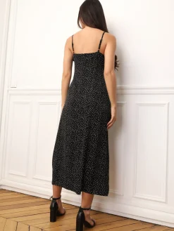 Sale La Modeuse Robe froncée et fendue à pois Noir