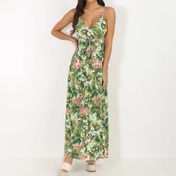 Clearance La Modeuse Robe longue à bretelles et motif tropical Blanc