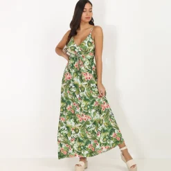 Clearance La Modeuse Robe longue à bretelles et motif tropical Blanc