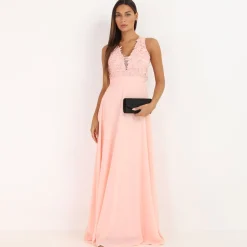 Sale La Modeuse Robe longue à broderies fleuries Rose