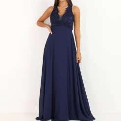 Discount La Modeuse Robe longue à broderies fleuries BleuMarine