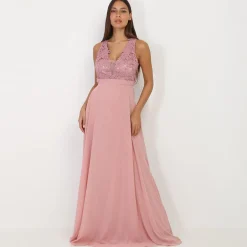 La Modeuse Robe longue à broderies fleuries VieuxRose