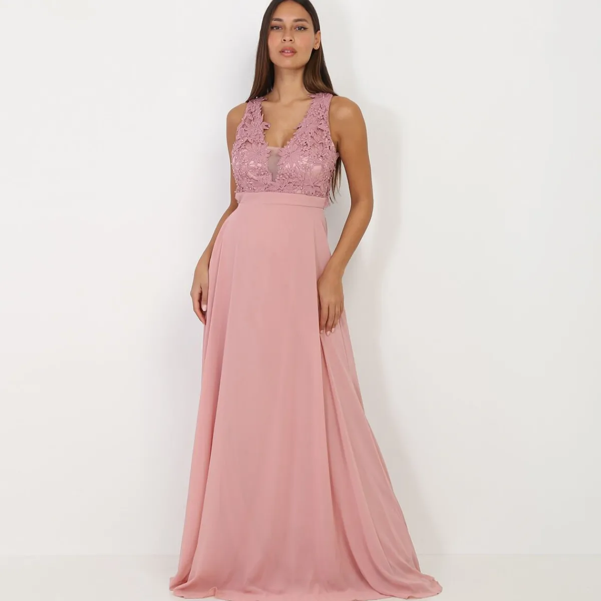 La Modeuse Robe longue à broderies fleuries VieuxRose