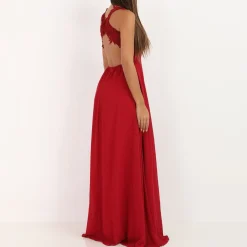 Hot La Modeuse Robe longue à broderies fleuries Rouge