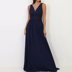 Hot La Modeuse Robe longue à buste drapé et dentelle BleuMarine