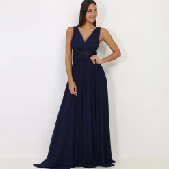 Hot La Modeuse Robe longue à buste drapé et dentelle BleuMarine