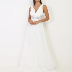 Outlet La Modeuse Robe longue à buste drapé et dentelle Blanc