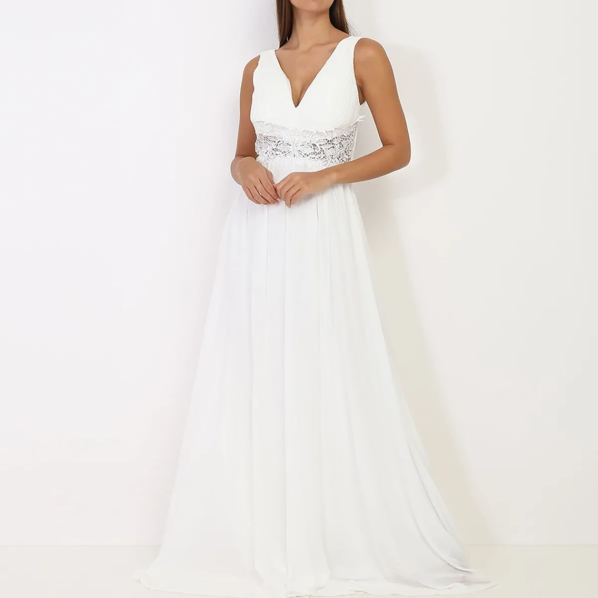 Outlet La Modeuse Robe longue à buste drapé et dentelle Blanc