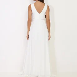 Outlet La Modeuse Robe longue à buste drapé et dentelle Blanc