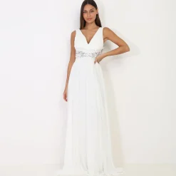 Outlet La Modeuse Robe longue à buste drapé et dentelle Blanc