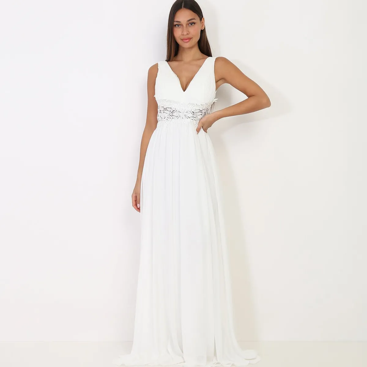 Outlet La Modeuse Robe longue à buste drapé et dentelle Blanc