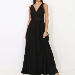 Clearance La Modeuse Robe longue à buste drapé et dentelle Noir