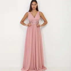 Hot La Modeuse Robe longue à buste drapé et dentelle VieuxRose