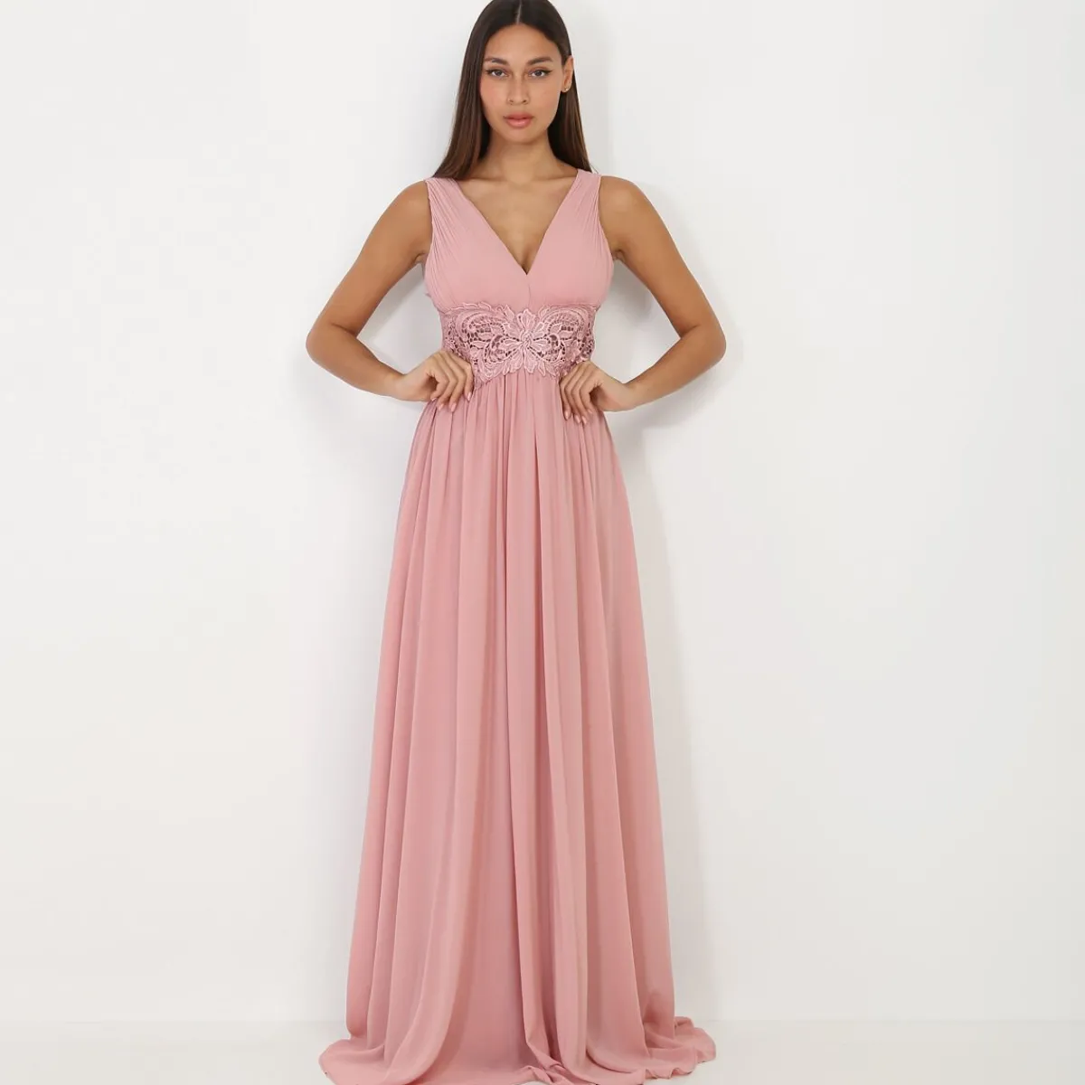 Hot La Modeuse Robe longue à buste drapé et dentelle VieuxRose