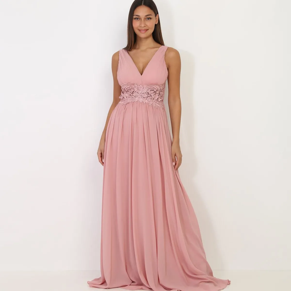 Hot La Modeuse Robe longue à buste drapé et dentelle VieuxRose