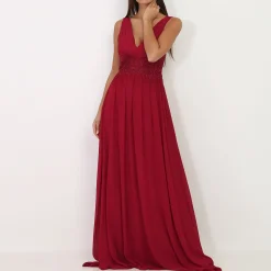 Online La Modeuse Robe longue à buste drapé et dentelle Rougefoncé