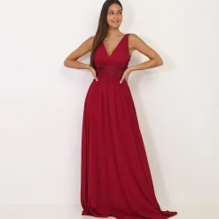 Online La Modeuse Robe longue à buste drapé et dentelle Rougefoncé