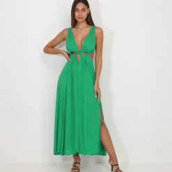 Clearance La Modeuse Robe longue à découpes et fentes Vert