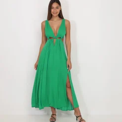 Clearance La Modeuse Robe longue à découpes et fentes Vert