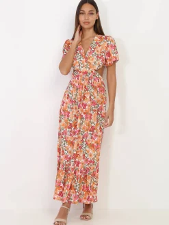 Hot La Modeuse Robe longue à fleurs avec découpes Blanc