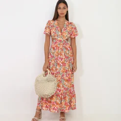 Hot La Modeuse Robe longue à fleurs avec découpes Blanc