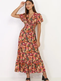 New La Modeuse Robe longue à fleurs avec découpes Noir